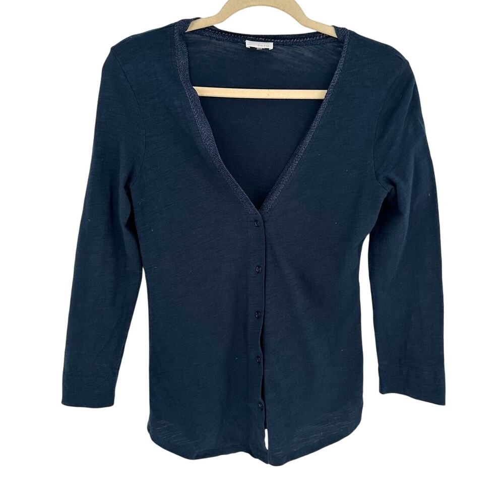 Ecru Blue Cotton Cardigan Metallic Trim V-Neck Long‎ Sleeve Button Sweater S Top